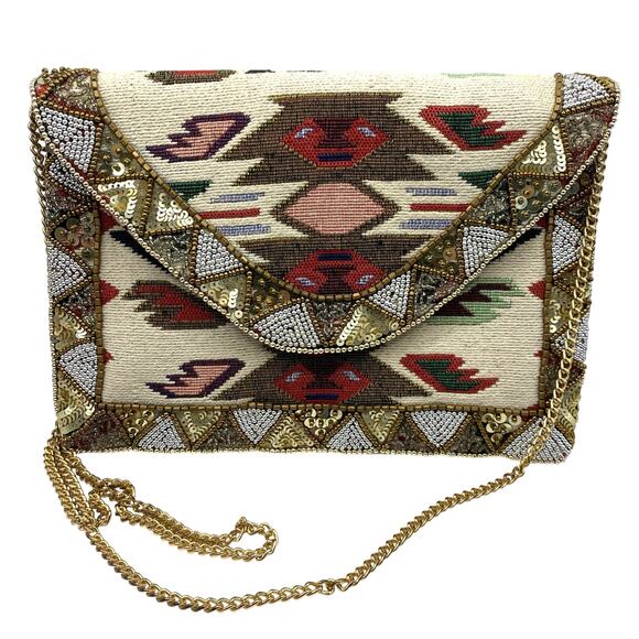 Boho Beaded Sequin Aztec Envelope Clutch Bag Purse Chain Strap Southwestern Art - Picture 2 of 8